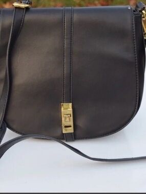 Adrienne Vittadini Black Crossbody Saddle Bag with Gold Hardware